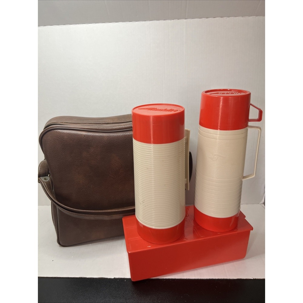 Vintage 1950s Brown Leather Aladdin Thermos Picnic Kit Set
